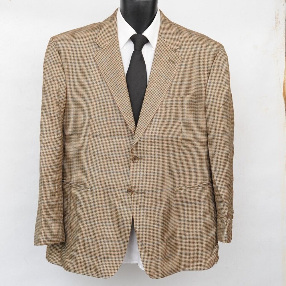 Chaps Gold Houndstooth 100% Silk 2 Button Single Vent Sport Coat Mens Size 44S